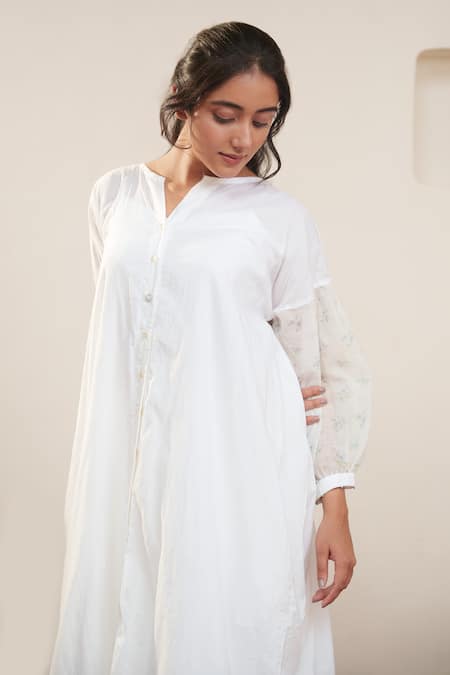 Buy_Ourdve_White Cotton, Chanderi Button-down Neck Down Floral Sleeve Dress _Online_at_Aza_Fashions