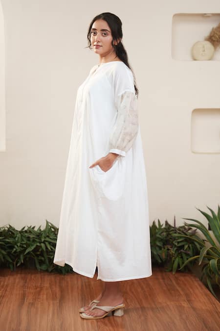 Shop_Ourdve_White Cotton, Chanderi Button-down Neck Down Floral Sleeve Dress _Online_at_Aza_Fashions