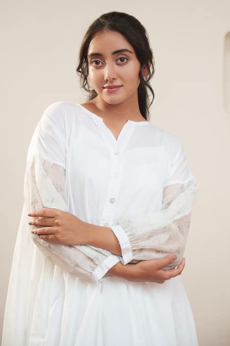 Ourdve_White Cotton, Chanderi Button-down Neck Down Floral Sleeve Dress _at_Aza_Fashions