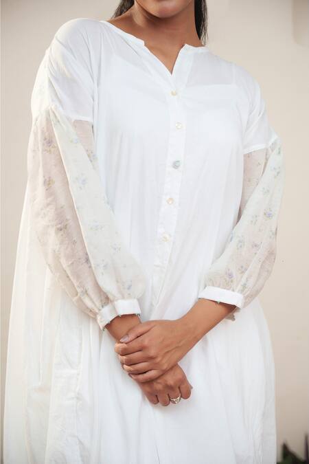 Buy_Ourdve_White Cotton, Chanderi Button-down Neck Down Floral Sleeve Dress 
