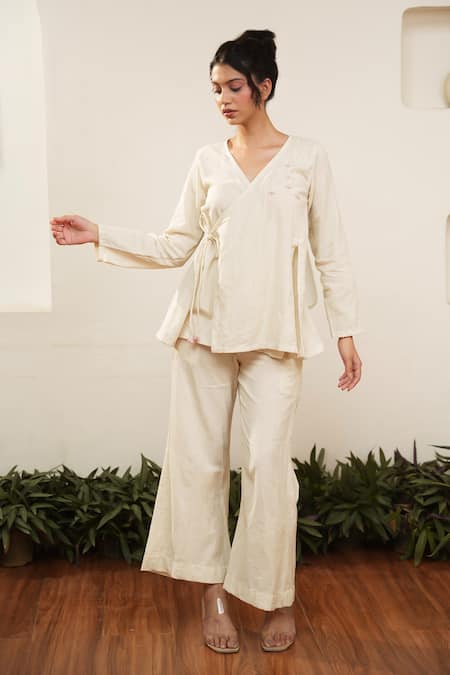 OurDve Overlap Embroidered Top & Pant Set 