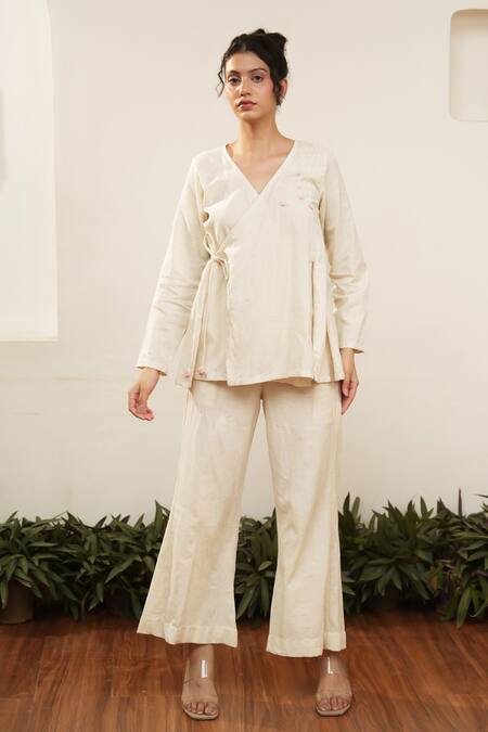Ourdve Beige Cotton Embroidery V-neck Overlap Top And Pant Set Online at Aza Fashions Ourdve_Beige Cotton Embroidery V-neck Overlap Top And Pant Set _Online_at_Aza_Fashions