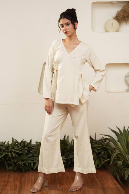 Buy Ourdve Beige Cotton Embroidery V-neck Overlap Top And Pant Set Online at Aza Fashions Buy_Ourdve_Beige Cotton Embroidery V-neck Overlap Top And Pant Set _Online_at_Aza_Fashions