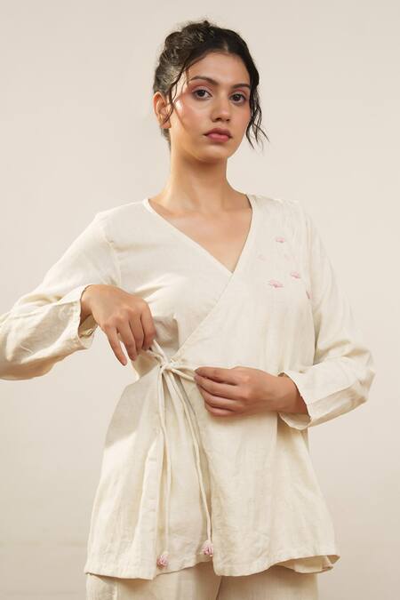 Shop Ourdve Beige Cotton Embroidery V-neck Overlap Top And Pant Set Online at Aza Fashions Shop_Ourdve_Beige Cotton Embroidery V-neck Overlap Top And Pant Set _Online_at_Aza_Fashions