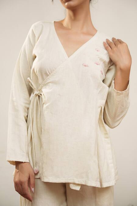 Ourdve Beige Cotton Embroidery V-neck Overlap Top And Pant Set at Aza Fashions Ourdve_Beige Cotton Embroidery V-neck Overlap Top And Pant Set _at_Aza_Fashions