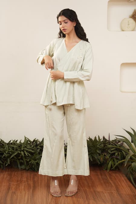 OurDve Overlap Placement Embroidered Top & Pant Set 