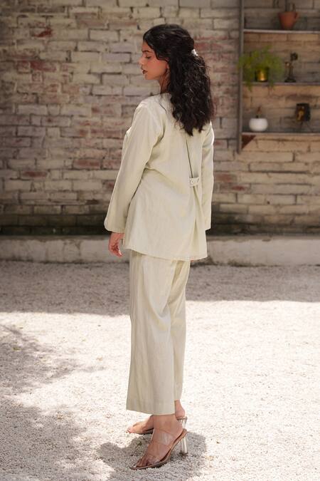 Shop OurDve Grey Cotton Embroidery V-neck Overlap Placement Top And Pant Set at Aza Fashions Shop_OurDve_Grey Cotton Embroidery V-neck Overlap Placement Top And Pant Set _at_Aza_Fashions