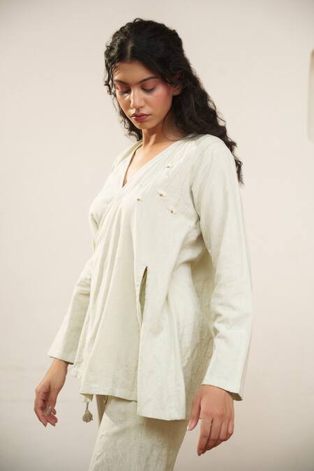 Buy OurDve Grey Cotton Embroidery V-neck Overlap Placement Top And Pant Set Online at Aza Fashions Buy_OurDve_Grey Cotton Embroidery V-neck Overlap Placement Top And Pant Set _Online_at_Aza_Fashions