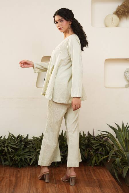 Shop OurDve Grey Cotton Embroidery V-neck Overlap Placement Top And Pant Set Online at Aza Fashions Shop_OurDve_Grey Cotton Embroidery V-neck Overlap Placement Top And Pant Set _Online_at_Aza_Fashions