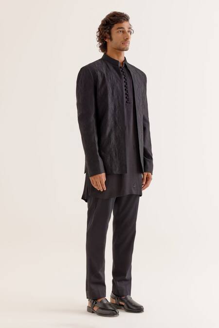 Devnaagri_Black Silk, Chanderi Embroidery Dori Jacket And Pant Set _Online_at_Aza_Fashions