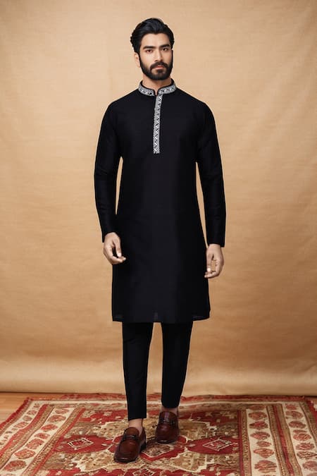 Arihant Rai Sinha Black Art Silk Plain Printed Band Collar And Placket Kurta With Pant Pyjama 