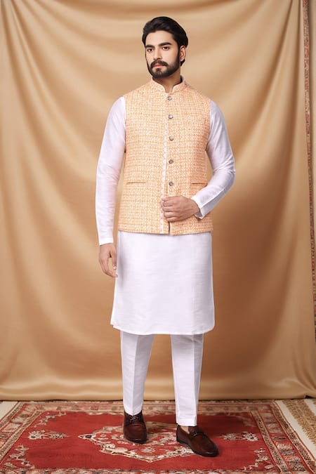 Aryavir Malhotra Geometric Jaal Embroidered Bundi Kurta Set 