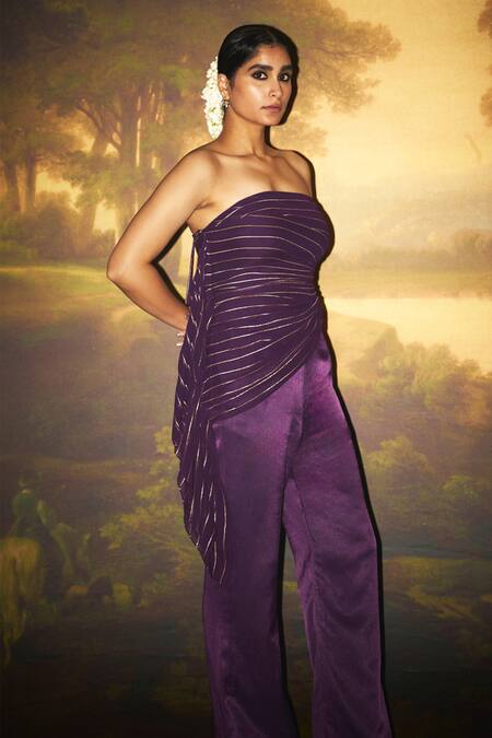 Shop Zwaan Purple Top Georgette Pant Mashru Lining Shantung Ahalya Draped Tube With Online at Aza Fashions Shop_Zwaan_Purple Top Georgette Pant Mashru Lining Shantung Ahalya Draped Tube With _Online_at_Aza_Fashions