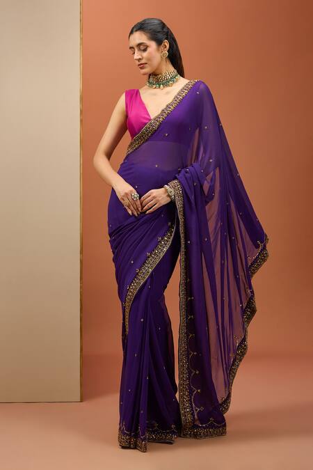 Esha Koul Purple Chanderi, Georgette Cut Work, Embroidered Border Saree With Blouse Online at Aza Fashions Esha Koul_Purple Chanderi, Georgette Cut Work, Embroidered Border Saree With Blouse _Online_at_Aza_Fashions