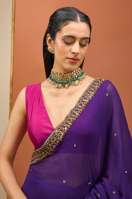 Buy Esha Koul Purple Chanderi, Georgette Cut Work, Embroidered Border Saree With Blouse Online at Aza Fashions Buy_Esha Koul_Purple Chanderi, Georgette Cut Work, Embroidered Border Saree With Blouse _Online_at_Aza_Fashions
