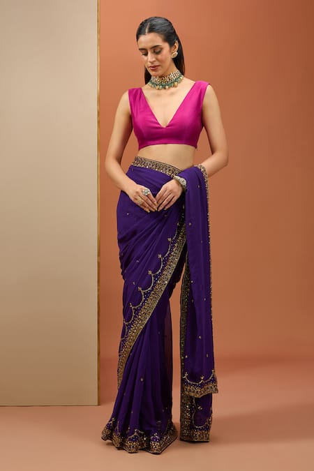 Shop Esha Koul Purple Chanderi, Georgette Cut Work, Embroidered Border Saree With Blouse Online at Aza Fashions Shop_Esha Koul_Purple Chanderi, Georgette Cut Work, Embroidered Border Saree With Blouse _Online_at_Aza_Fashions