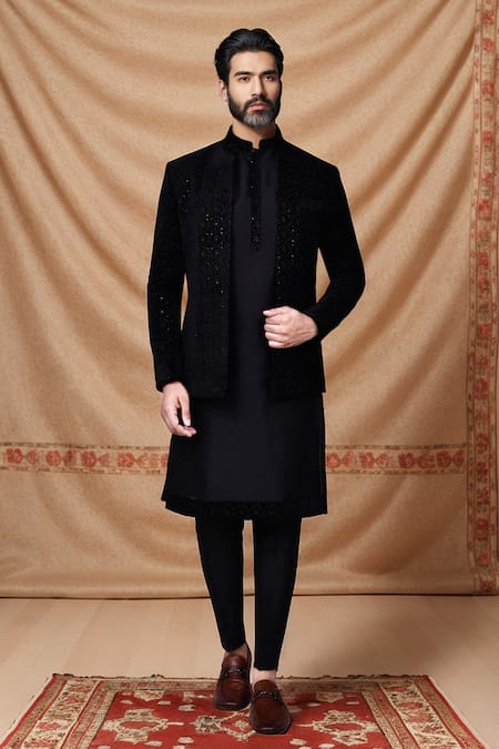 Aryavir Malhotra Tonal Floral Jaal Embroidered Jacket Kurta Set 