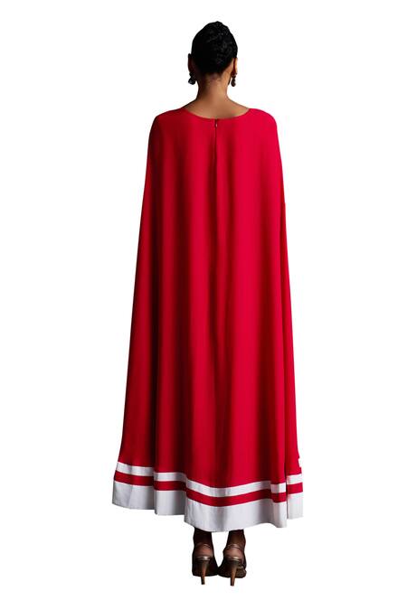 Dania Siddiqui_Red Cotton, Silk, Satin V-neck Emilia Attached Cape Midi Dress _at_Aza_Fashions