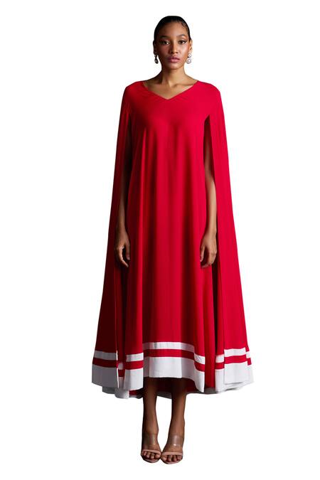 Buy_Dania Siddiqui_Red Cotton, Silk, Satin V-neck Emilia Attached Cape Midi Dress 