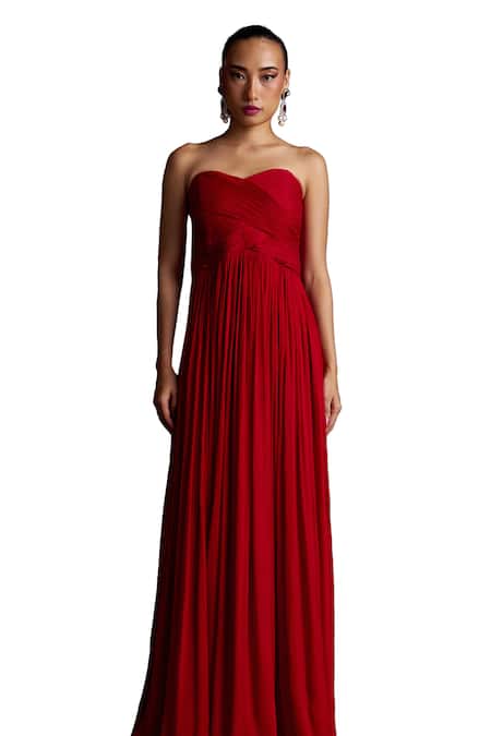 Dania Siddiqui_Red Crepe, Chiffon Off-shoulder Rosa Ruched Corset Gown _at_Aza_Fashions