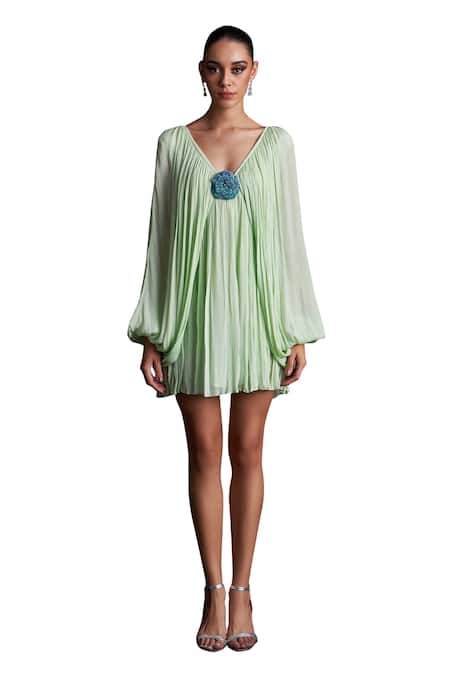 Buy_Dania Siddiqui_Green Crepe, Chiffon Fabric Flowers V-neck Julia Gathered Mini Dress 