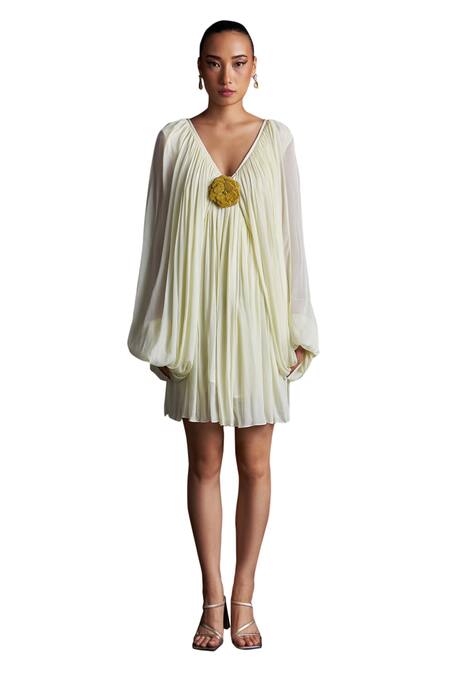Buy_Dania Siddiqui_Yellow Crepe, Chiffon Embroidery V-neck Julia Gathered Dress 