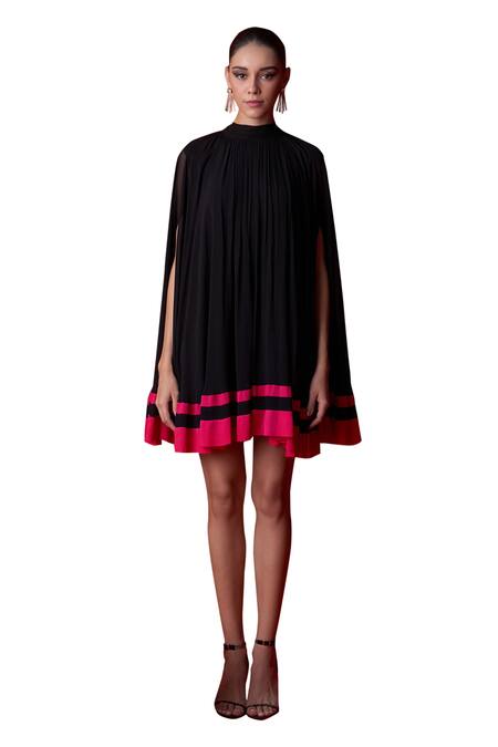 Buy_Dania Siddiqui_Black Viscose, Georgette, Cotton, Silk Halter Neck Leona Mini Cape Dress 