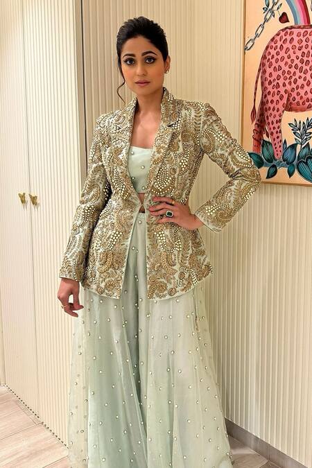 Payal Singhal Blue Organza Beads, Pearls Shazia Embroidered Blazer Sharara Set Online at Aza Fashions Payal Singhal_Blue Organza Beads, Pearls Shazia Embroidered Blazer Sharara Set _Online_at_Aza_Fashions