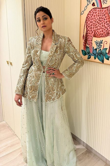 Buy Payal Singhal Blue Organza Beads, Pearls Shazia Embroidered Blazer Sharara Set Online at Aza Fashions Buy_Payal Singhal_Blue Organza Beads, Pearls Shazia Embroidered Blazer Sharara Set _Online_at_Aza_Fashions
