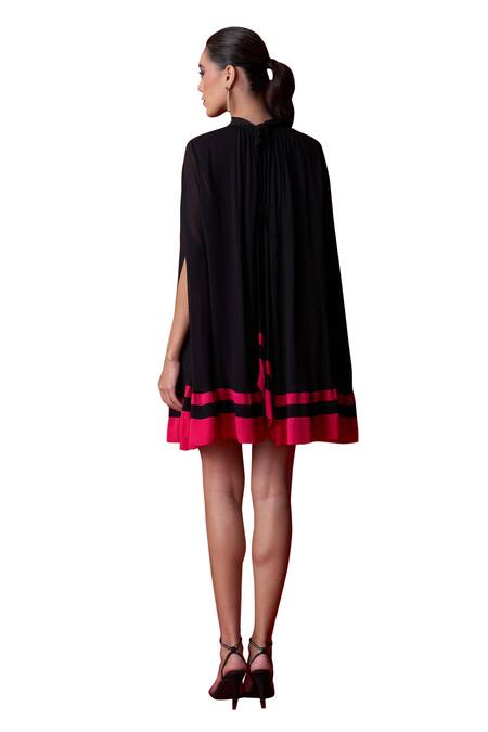Shop_Dania Siddiqui_Black Viscose, Georgette, Cotton, Silk Halter Neck Leona Mini Cape Dress 