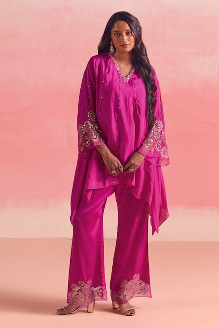 One Not Two Pink Kurta Silk Embroidery Stones V-neck Sequins Asymmetric And Pant Set 