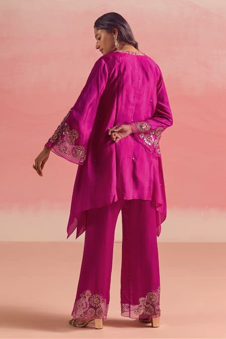 Shop One Not Two Pink Silk, Cotton, Satin Sequins, Stones Embroidered Asymmetric Kurta And Pant Set at Aza Fashions Shop_One Not Two_Pink Silk, Cotton, Satin Sequins, Stones Embroidered Asymmetric Kurta And Pant Set _at_Aza_Fashions