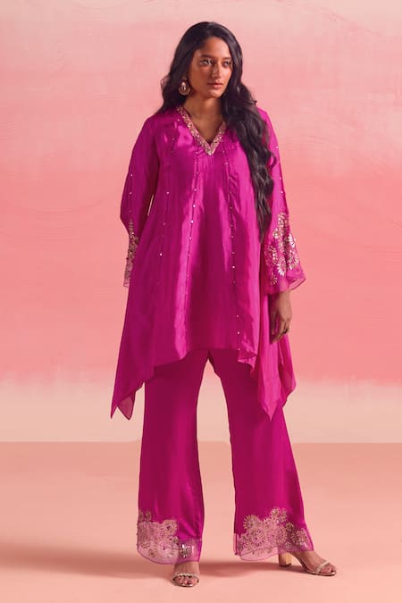 One Not Two Pink Silk, Cotton, Satin Sequins, Stones Embroidered Asymmetric Kurta And Pant Set Online at Aza Fashions One Not Two_Pink Silk, Cotton, Satin Sequins, Stones Embroidered Asymmetric Kurta And Pant Set _Online_at_Aza_Fashions