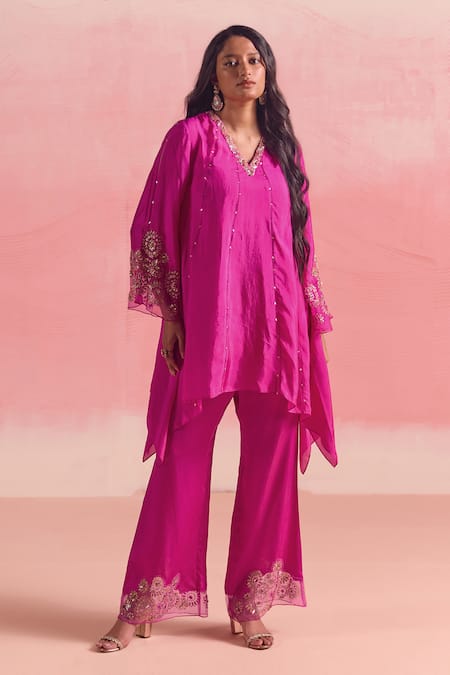 Buy One Not Two Pink Silk, Cotton, Satin Sequins, Stones Embroidered Asymmetric Kurta And Pant Set Online at Aza Fashions Buy_One Not Two_Pink Silk, Cotton, Satin Sequins, Stones Embroidered Asymmetric Kurta And Pant Set _Online_at_Aza_Fashions