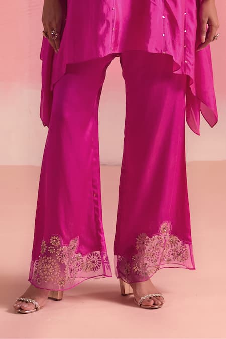 Shop One Not Two Pink Silk, Cotton, Satin Sequins, Stones Embroidered Asymmetric Kurta And Pant Set Online at Aza Fashions Shop_One Not Two_Pink Silk, Cotton, Satin Sequins, Stones Embroidered Asymmetric Kurta And Pant Set _Online_at_Aza_Fashions