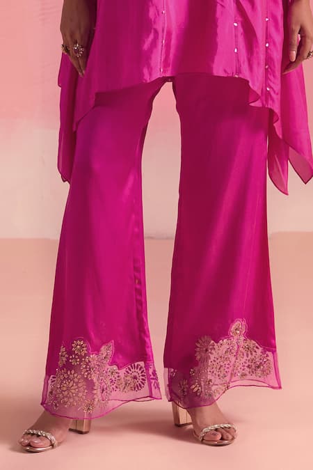One Not Two Pink Silk, Cotton, Satin Sequins, Stones Embroidered Asymmetric Kurta And Pant Set at Aza Fashions One Not Two_Pink Silk, Cotton, Satin Sequins, Stones Embroidered Asymmetric Kurta And Pant Set _at_Aza_Fashions