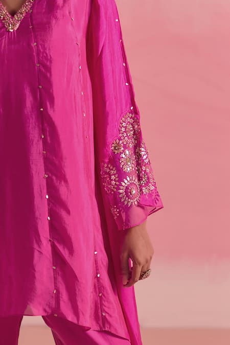 Buy One Not Two Pink Silk, Cotton, Satin Sequins, Stones Embroidered Asymmetric Kurta And Pant Set Buy_One Not Two_Pink Silk, Cotton, Satin Sequins, Stones Embroidered Asymmetric Kurta And Pant Set