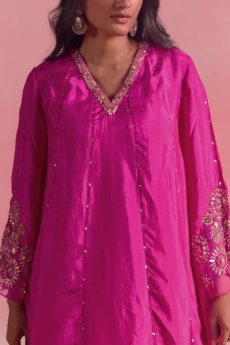 Shop One Not Two Pink Silk, Cotton, Satin Sequins, Stones Embroidered Asymmetric Kurta And Pant Set Shop_One Not Two_Pink Silk, Cotton, Satin Sequins, Stones Embroidered Asymmetric Kurta And Pant Set