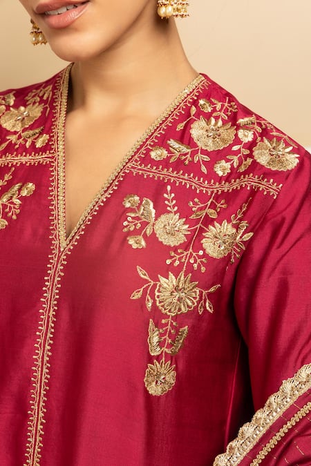 Buy_Dohr India_Red , Chanderi, Organza Embroidery, Vine Floral Kurta Pant Set _Online_at_Aza_Fashions