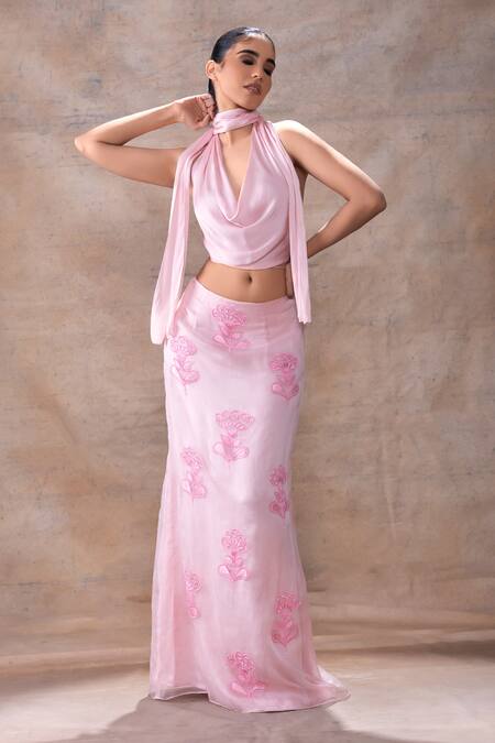 Buy_Akashi Clothing_Pink Modal, Organza, Satin Embroidery Cowl Neck Floral Skirt With Top _Online_at_Aza_Fashions