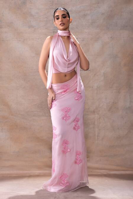 Shop_Akashi Clothing_Pink Modal, Organza, Satin Embroidery Cowl Neck Floral Skirt With Top _Online_at_Aza_Fashions