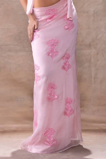 Akashi Clothing_Pink Modal, Organza, Satin Embroidery Cowl Neck Floral Skirt With Top _at_Aza_Fashions