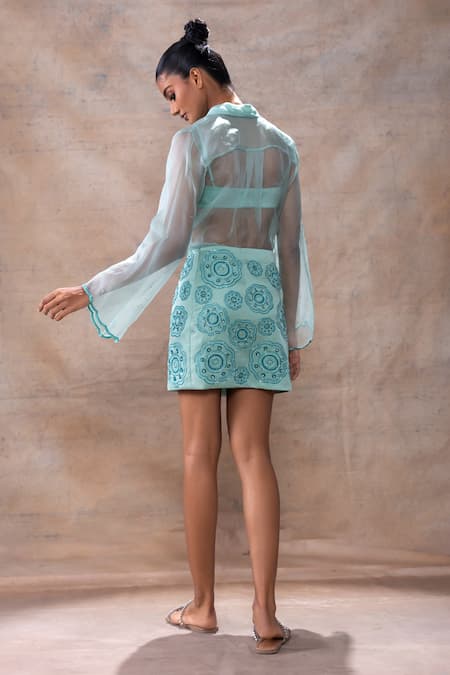 Shop Akashi Clothing Blue Modal, Satin, Organza Embroidery, Sheer Shirt Set With Dana Skirt at Aza Fashions Shop_Akashi Clothing_Blue Modal, Satin, Organza Embroidery, Sheer Shirt Set With Dana Skirt _at_Aza_Fashions