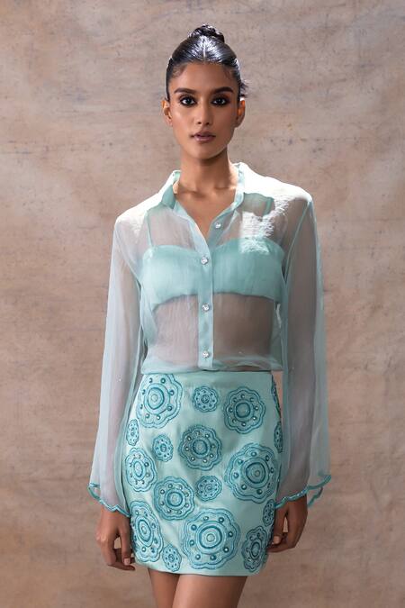Shop Akashi Clothing Blue Modal, Satin, Organza Embroidery, Sheer Shirt Set With Dana Skirt Online at Aza Fashions Shop_Akashi Clothing_Blue Modal, Satin, Organza Embroidery, Sheer Shirt Set With Dana Skirt _Online_at_Aza_Fashions