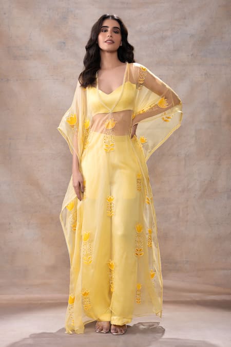 Akashi Clothing Yellow Modal Satin Embroidered Cut Dana Kaftan Deep V-neck Floral Pant Set 