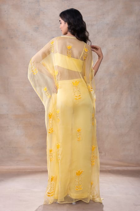 Shop Akashi Clothing Yellow Modal, Organza Cut Work, Embroidery V-neck, Dana Floral Kaftan Pant Set at Aza Fashions Shop_Akashi Clothing_Yellow Modal, Organza Cut Work, Embroidery V-neck, Dana Floral Kaftan Pant Set _at_Aza_Fashions