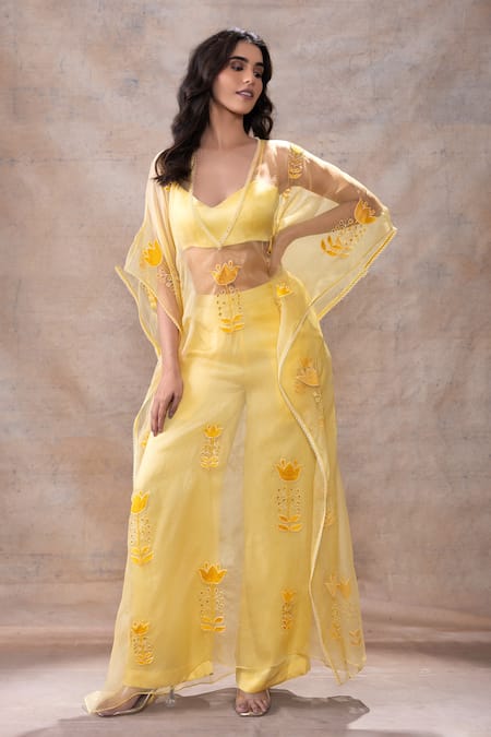 Akashi Clothing Yellow Modal, Organza Cut Work, Embroidery V-neck, Dana Floral Kaftan Pant Set Online at Aza Fashions Akashi Clothing_Yellow Modal, Organza Cut Work, Embroidery V-neck, Dana Floral Kaftan Pant Set _Online_at_Aza_Fashions