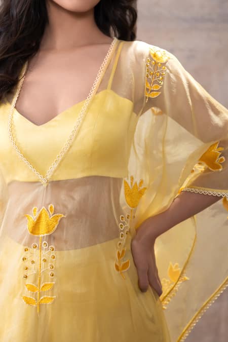 Buy Akashi Clothing Yellow Modal, Organza Cut Work, Embroidery V-neck, Dana Floral Kaftan Pant Set Online at Aza Fashions Buy_Akashi Clothing_Yellow Modal, Organza Cut Work, Embroidery V-neck, Dana Floral Kaftan Pant Set _Online_at_Aza_Fashions