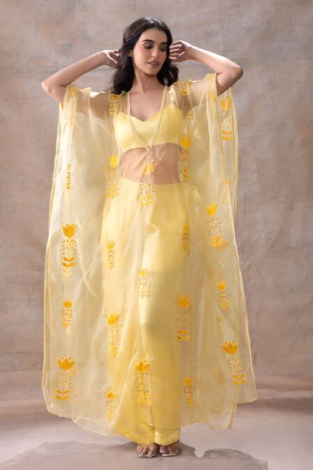 Shop Akashi Clothing Yellow Modal, Organza Cut Work, Embroidery V-neck, Dana Floral Kaftan Pant Set Online at Aza Fashions Shop_Akashi Clothing_Yellow Modal, Organza Cut Work, Embroidery V-neck, Dana Floral Kaftan Pant Set _Online_at_Aza_Fashions