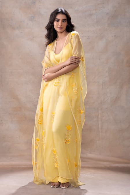 Akashi Clothing Yellow Modal, Organza Cut Work, Embroidery V-neck, Dana Floral Kaftan Pant Set at Aza Fashions Akashi Clothing_Yellow Modal, Organza Cut Work, Embroidery V-neck, Dana Floral Kaftan Pant Set _at_Aza_Fashions